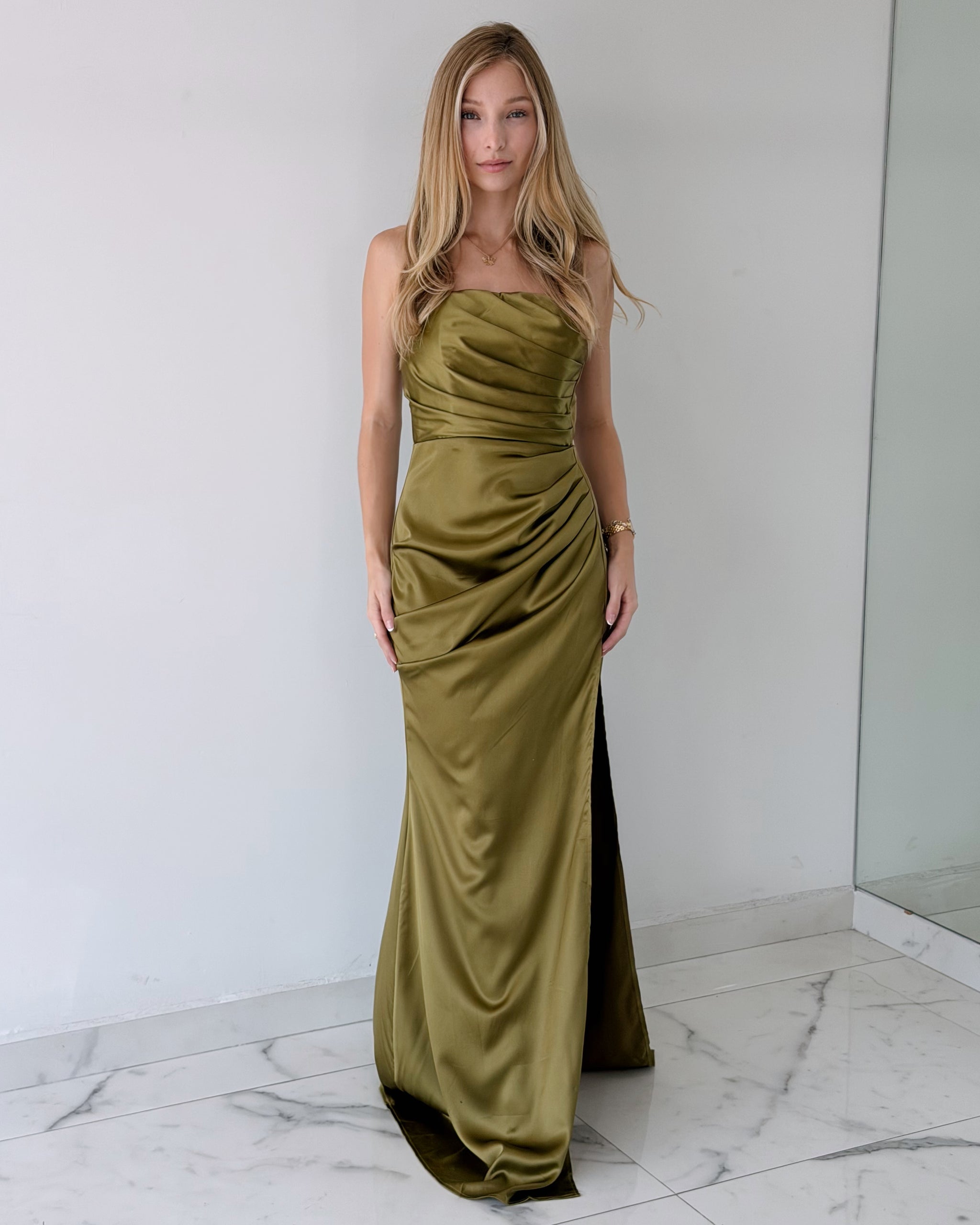 Olive Green Strapless Choker Gown Dress