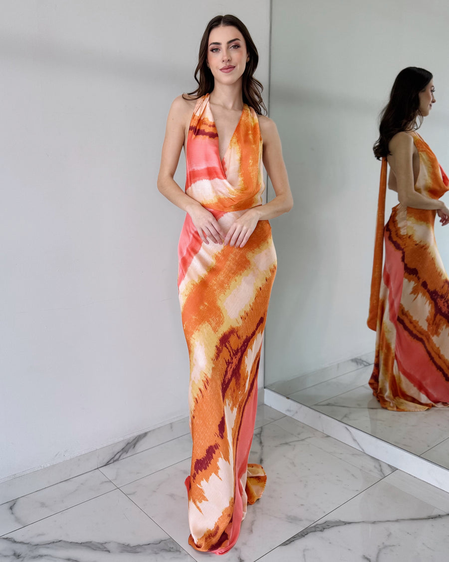 Coral Print Open Back Gown Dress