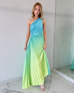 Blue Lime Green Print Asymmetrical Midi Dress