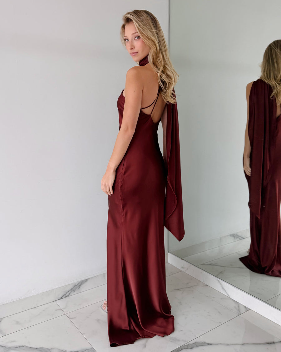 Wine One Shoulder Choker Gown Dress