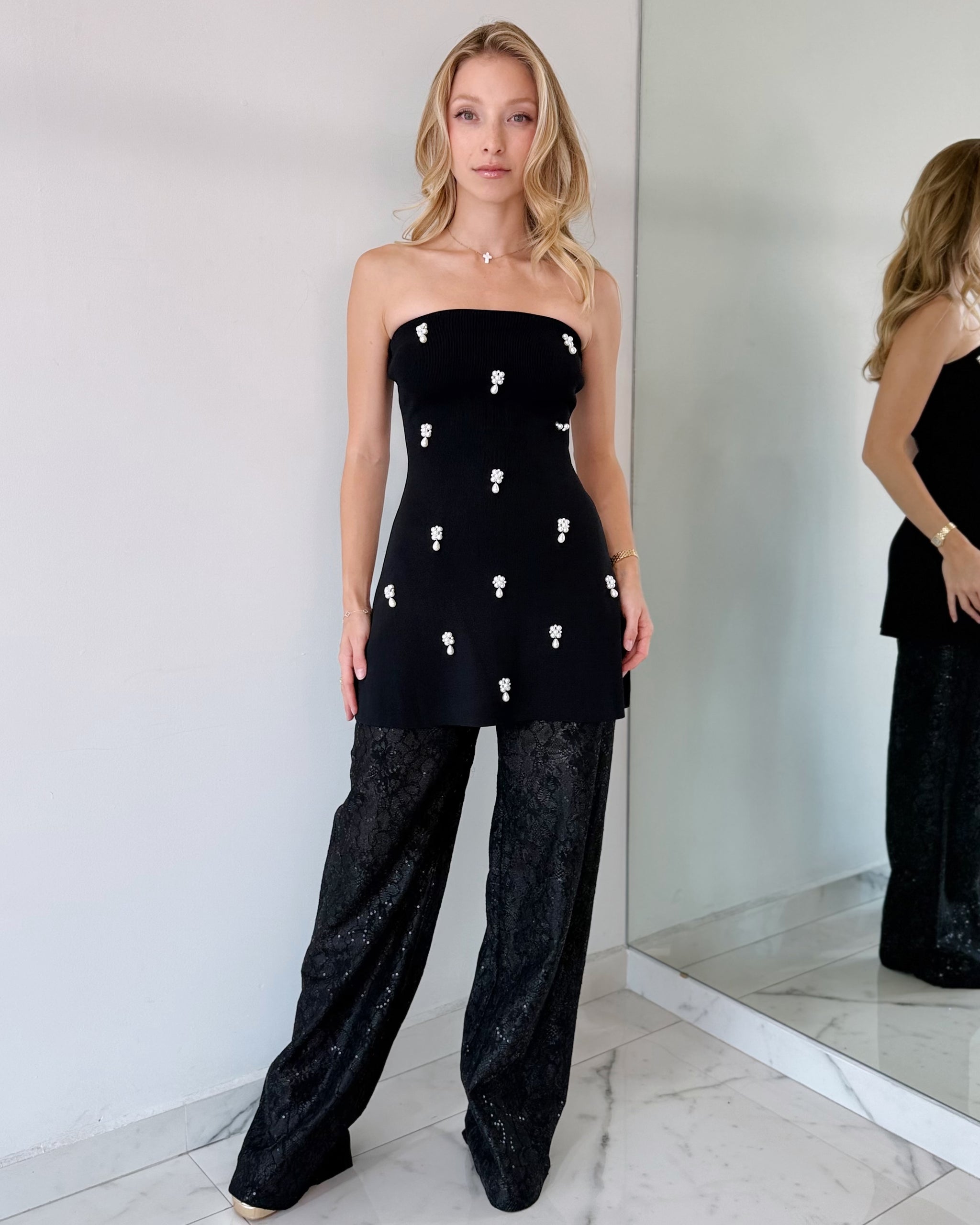 Black Strapless Detail Top + Pant Two Piece Set