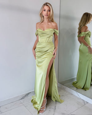 Light Green Strapless Off Shoulder Gown Dress