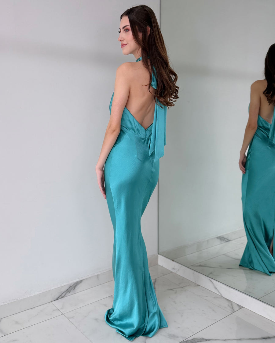 Blue Teal V Neck Open Back Gown Dress