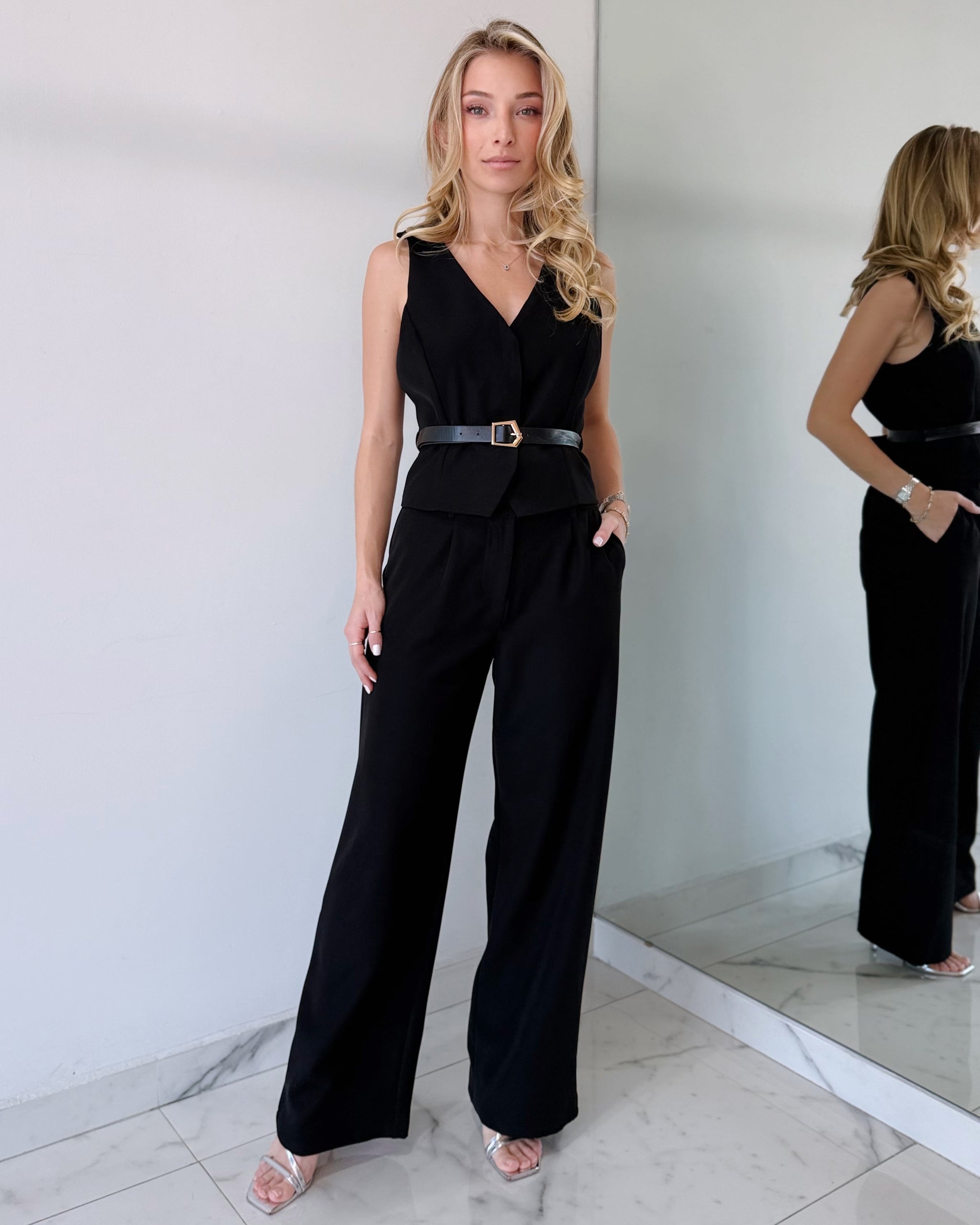 Black Belt Detail Top + Pant Two Piece Set