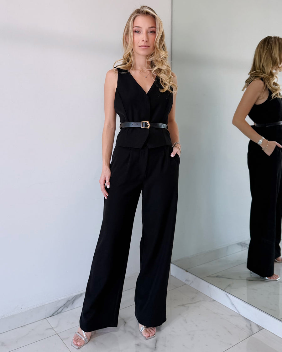 Black Belt Detail Top + Pant Two Piece Set