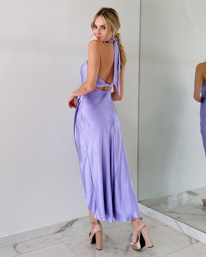 Lilac Silk Open Back Midi Dress