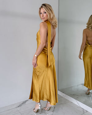 Mustard One Shoulder Halter Midi Dress