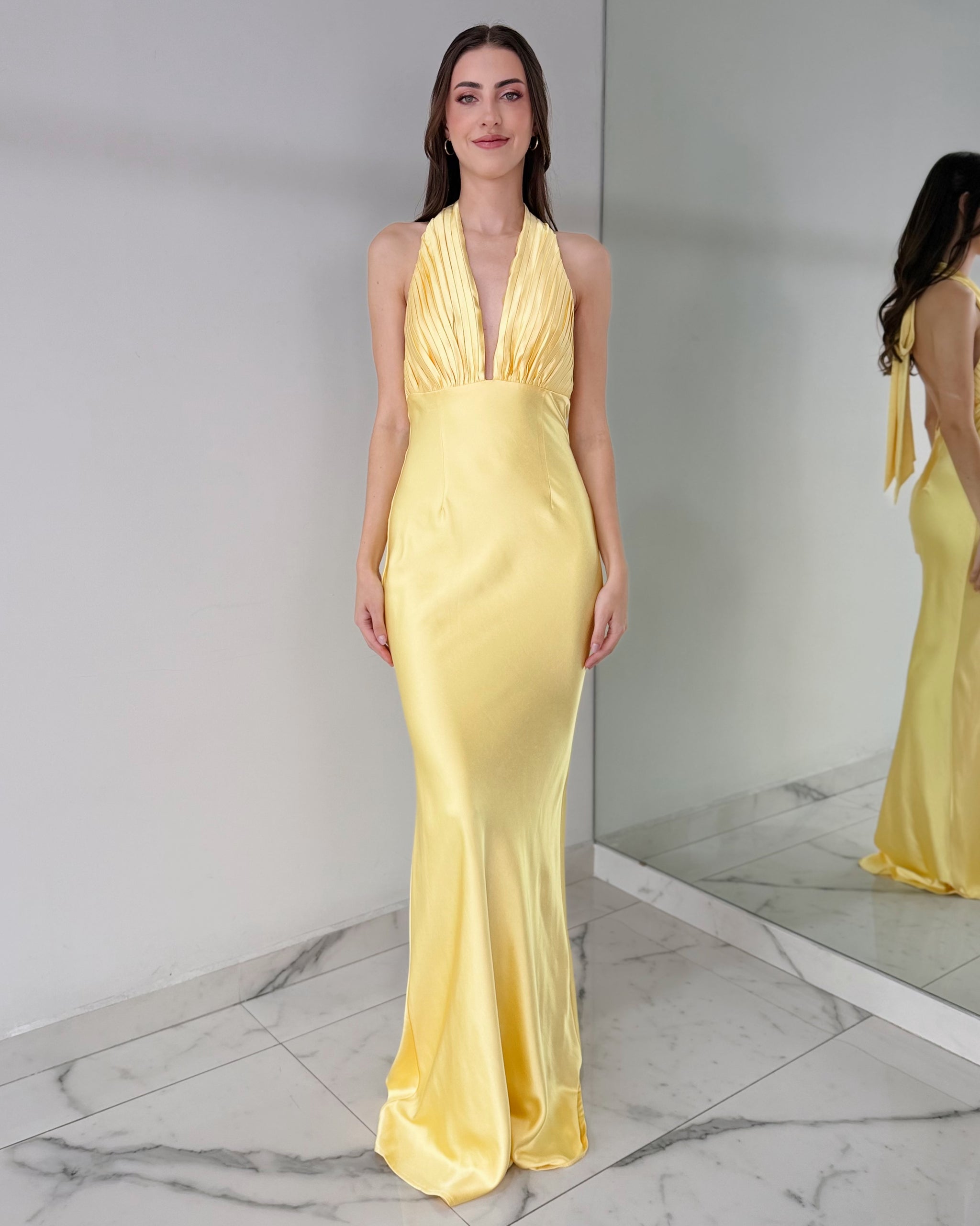 Yellow V Neck Open Back Gown Dress