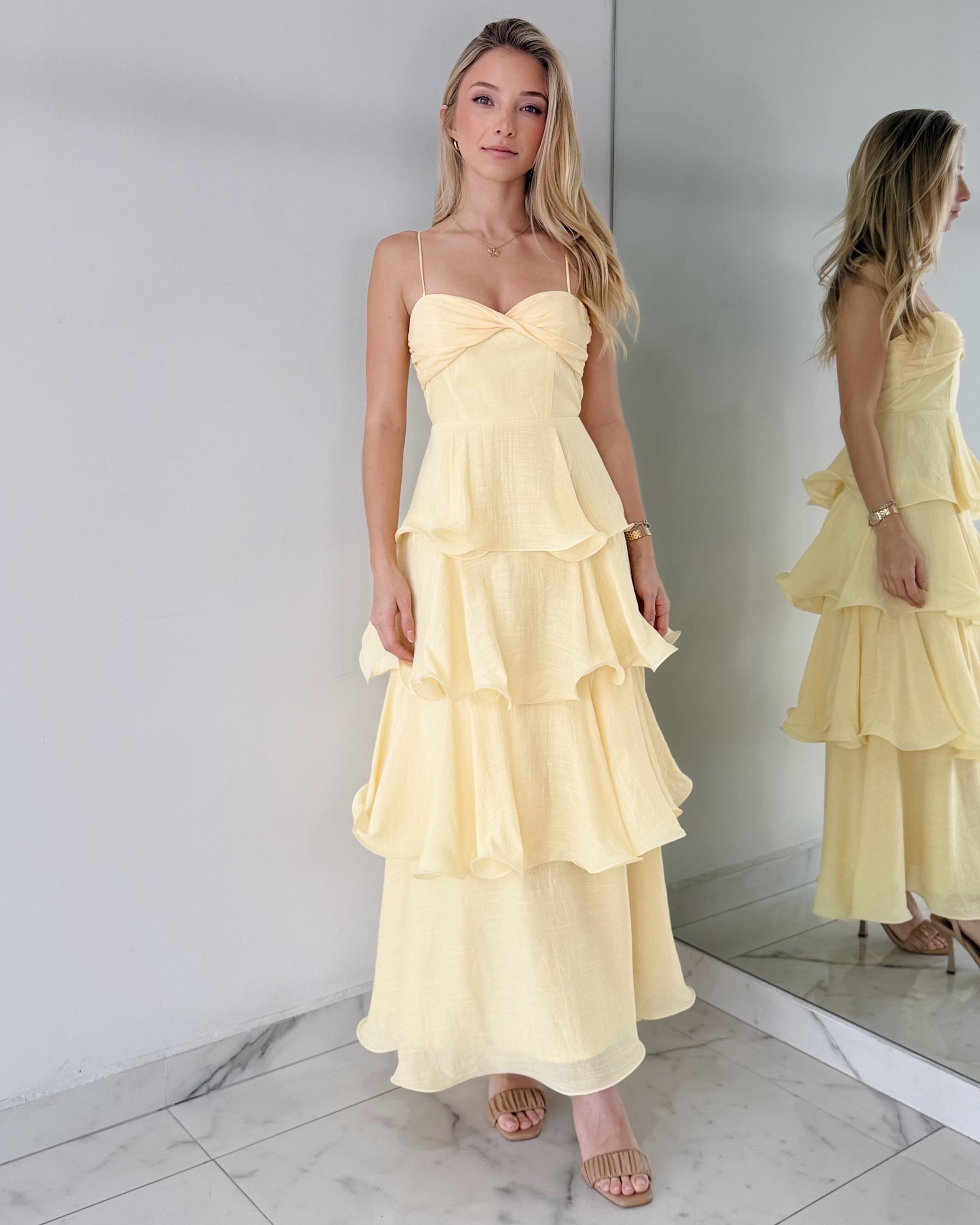 Baby Yellow Strap Ruffle Maxi Dress