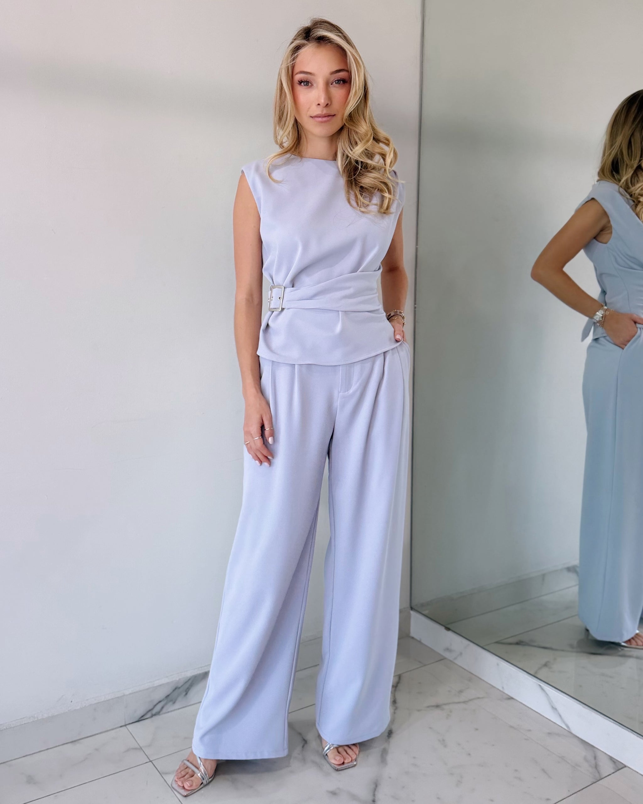 Blue Grey Top + Pant Two Piece Set