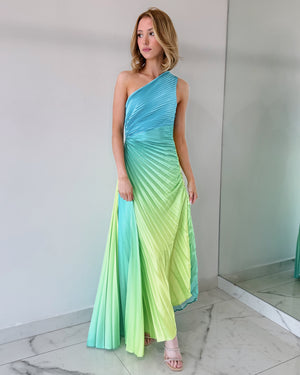 Blue Lime Green Print Asymmetrical Midi Dress