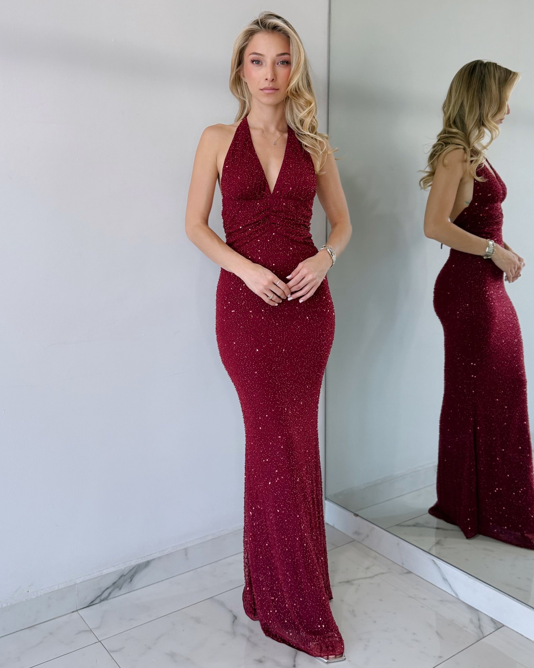 Wine Pearl Open Back Gown Dress