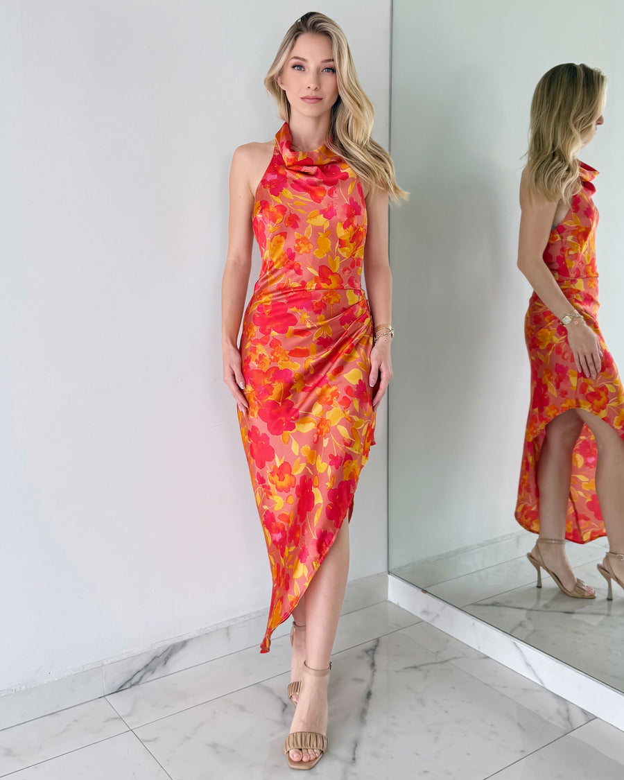 Orange Floral Print Halter Midi Dress