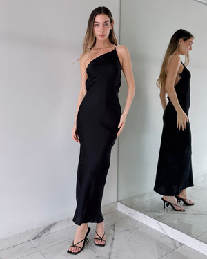 Black One Shoulder Pearl Maxi Dress