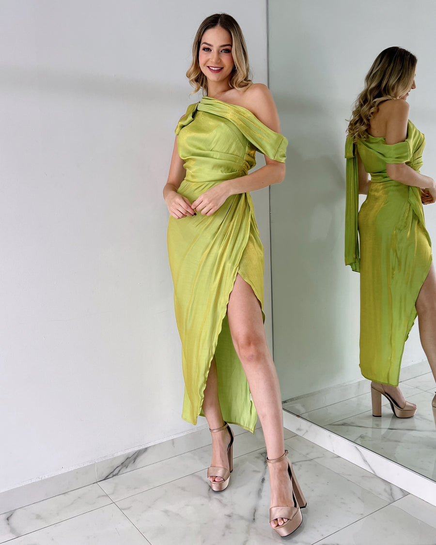 Lime One Shoulder Midi Dress