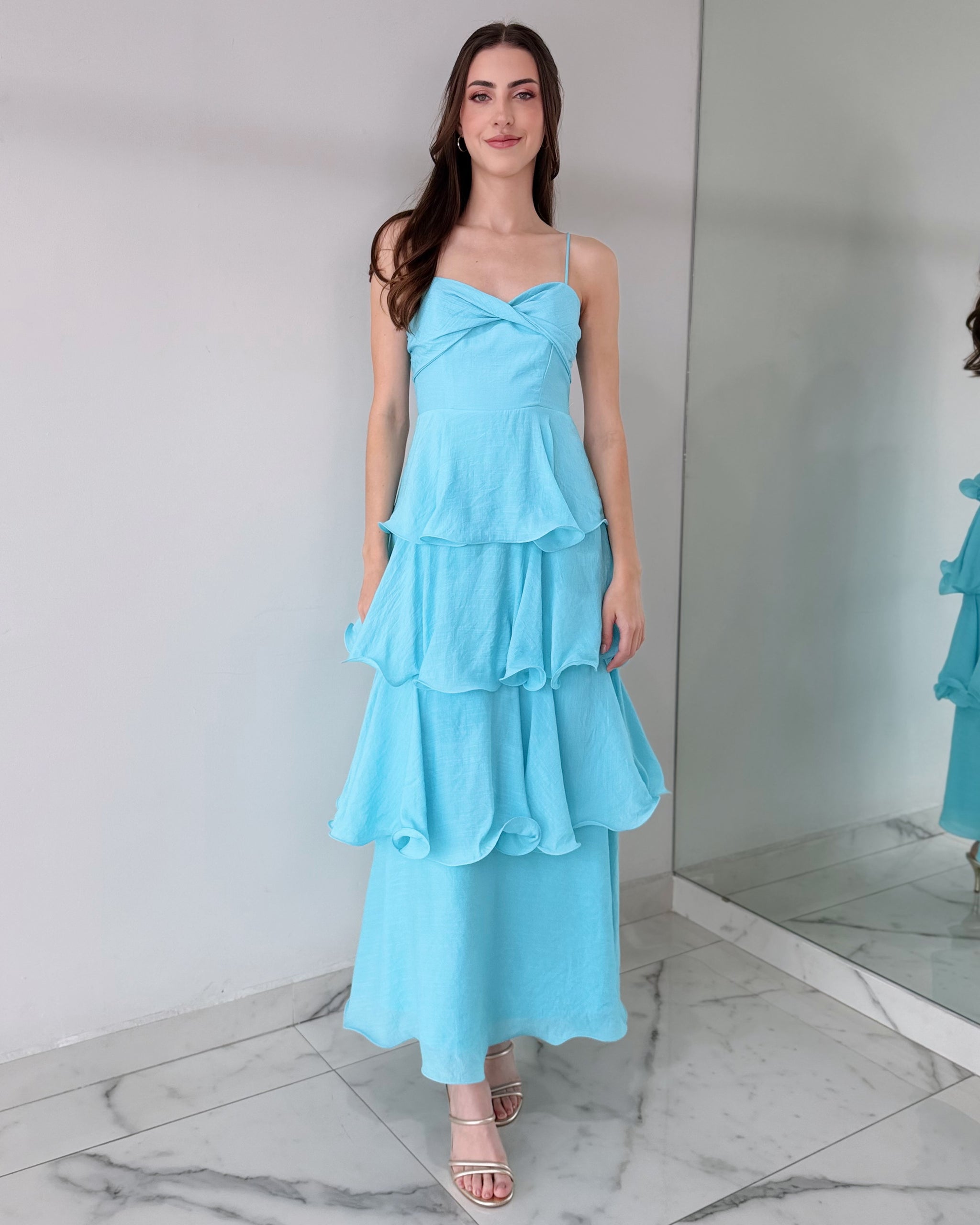Baby Blue Strap Ruffle Maxi Dress