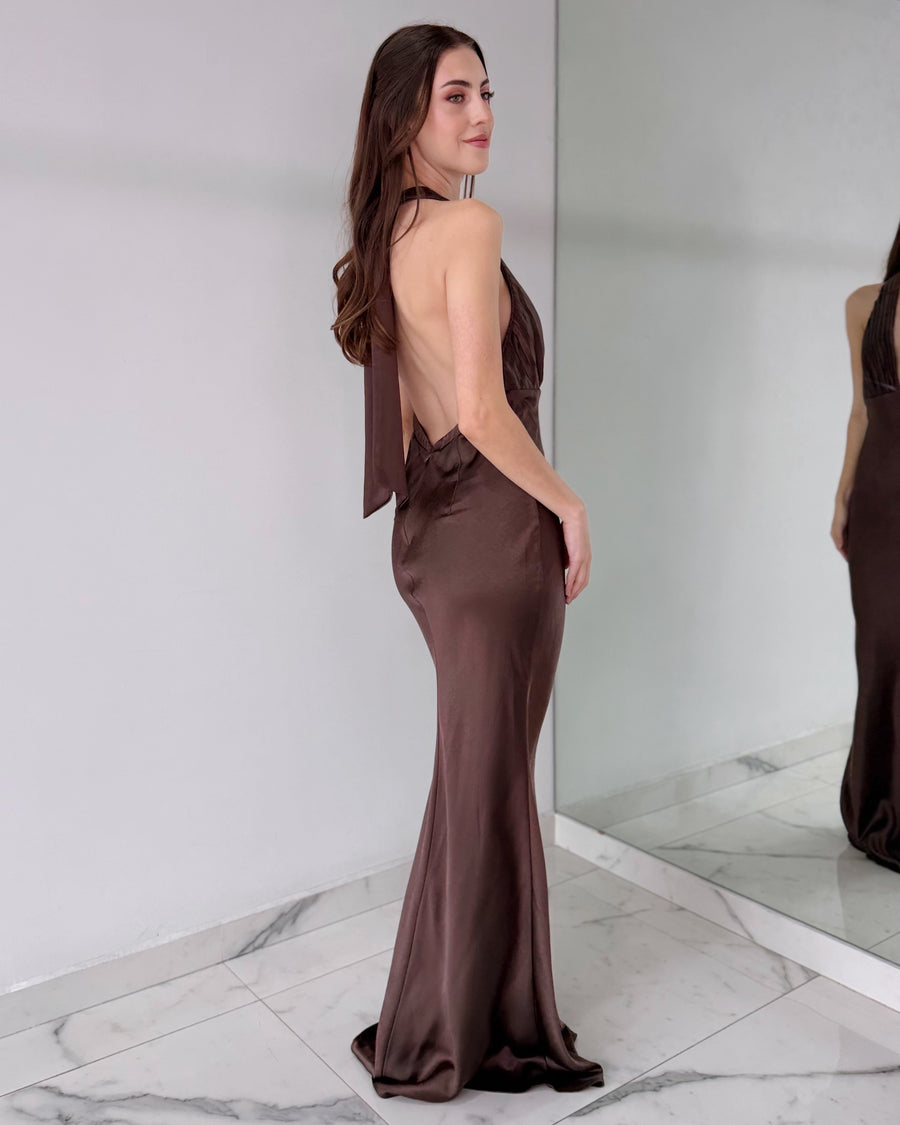 Coffee Chocolate V Neck Open Back Gown Dress