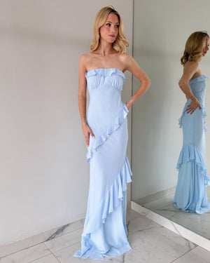 SD314 Baby Blue Strapless Ruffle Gown Dress