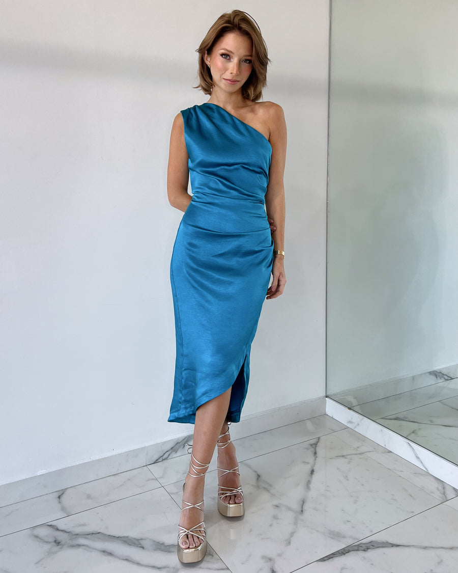 Blue One Shoulder Midi Dress