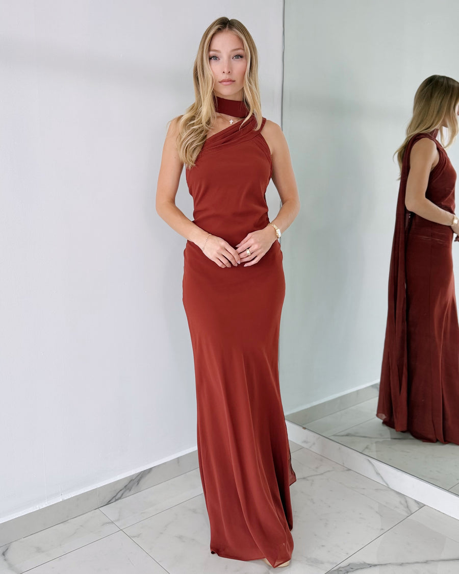 Dark Rust One Shoulder Gown Dress