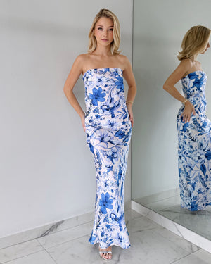 Blue Floral Strapless Maxi Dress