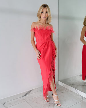 Salmon Feathers Strapless Bandage Midi Dress