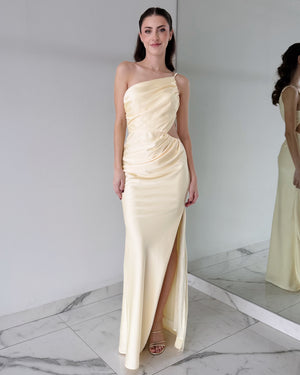 Butter Yellow One Shoulder Gown Dress