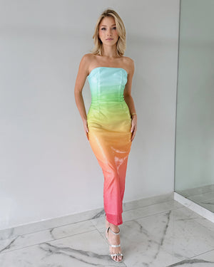 Rainbow Strapless Sequin Midi Dress
