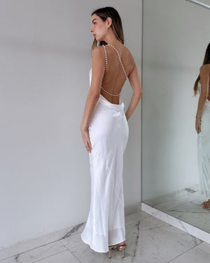White One Shoulder Pearl Maxi Dress