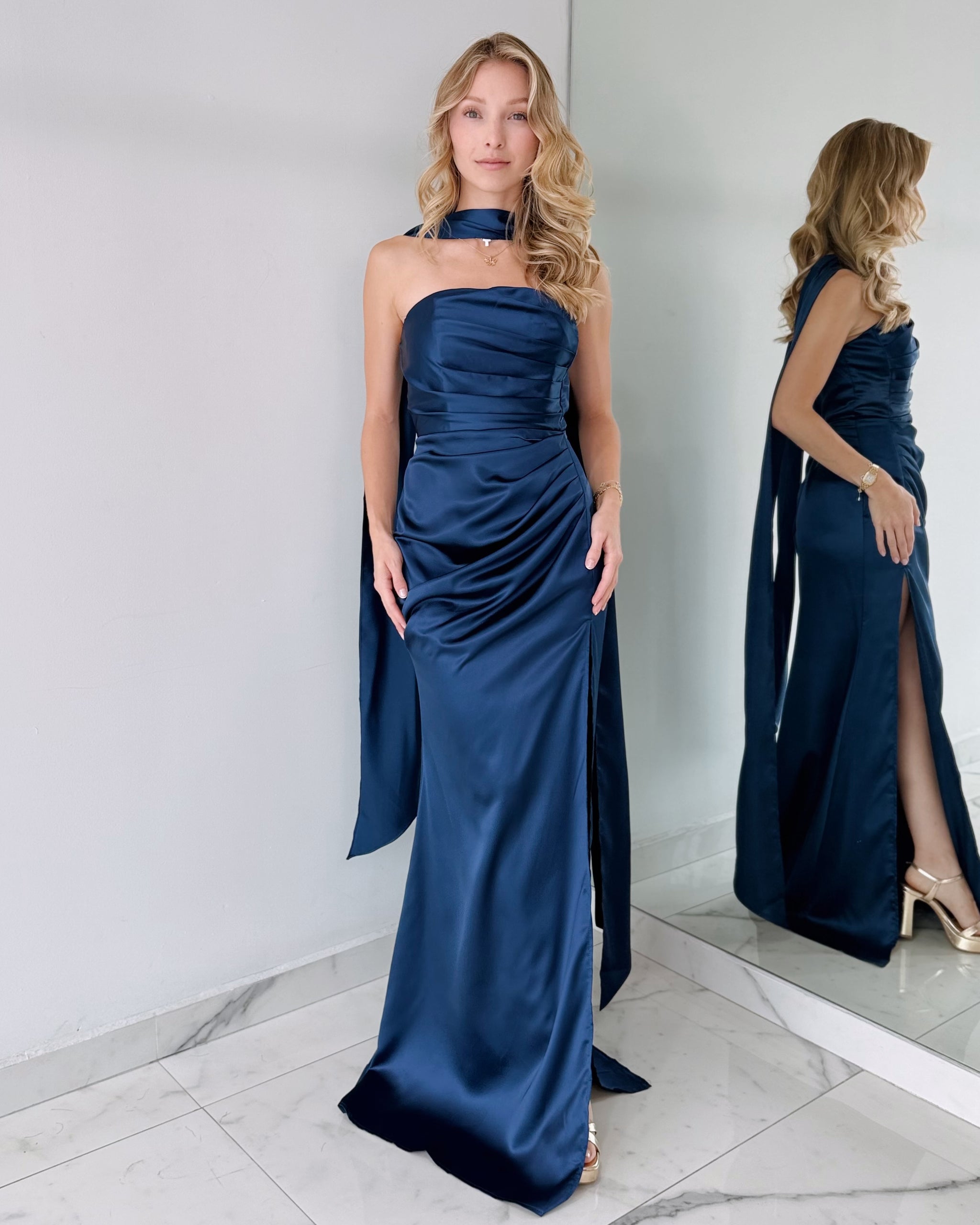 Blue Navy Strapless Choker Gown Dress