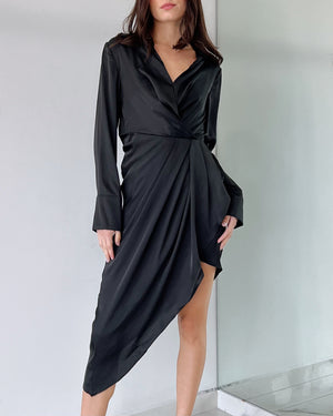 Black Long Sleeve Asymmetric Midi Dress