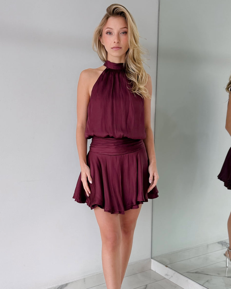 Wine Purple Halter Open Back Mini Dress