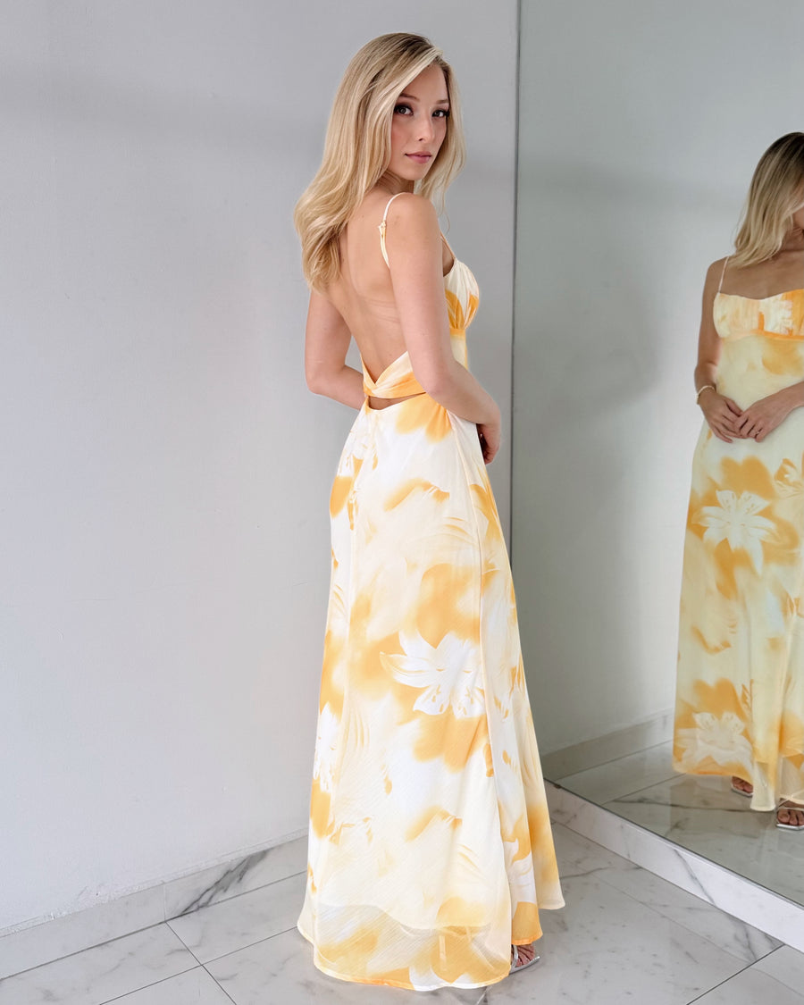 Yellow Floral Open Back Maxi Dress