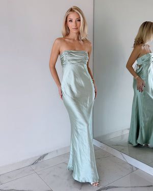 Mint Strapless Silk Open Back Maxi Dress