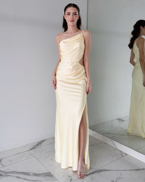 Butter Yellow One Shoulder Gown Dress