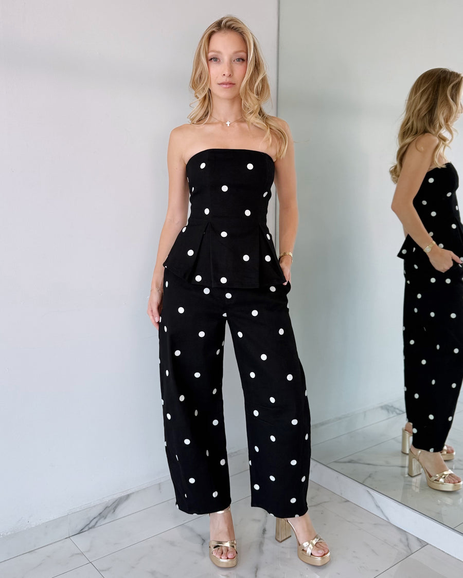 Black Polkdots Top + Pant Two Piece Set