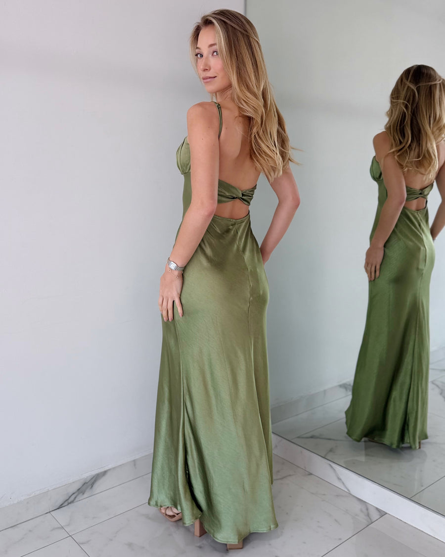 Olive Green Back Twist Midi Dress