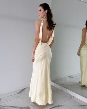 Butter Yellow Open Back Gown Dress