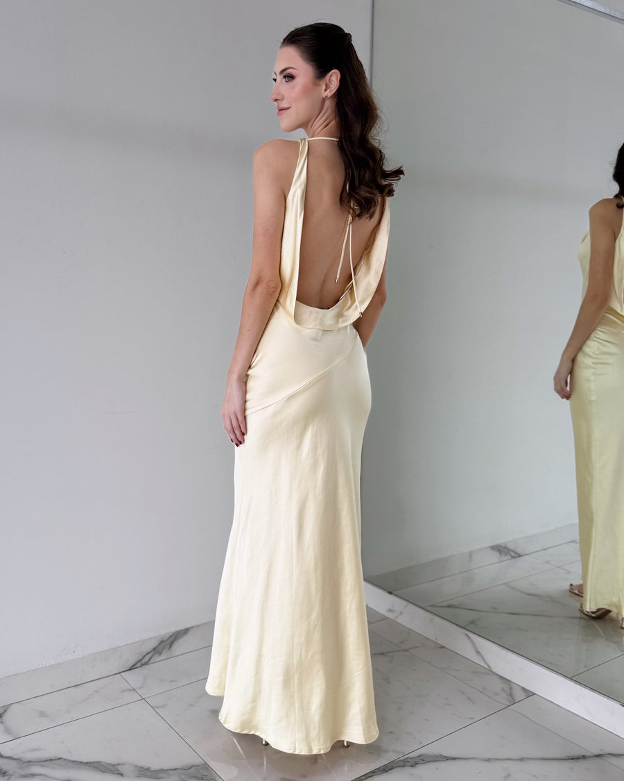 Butter Yellow Open Back Gown Dress