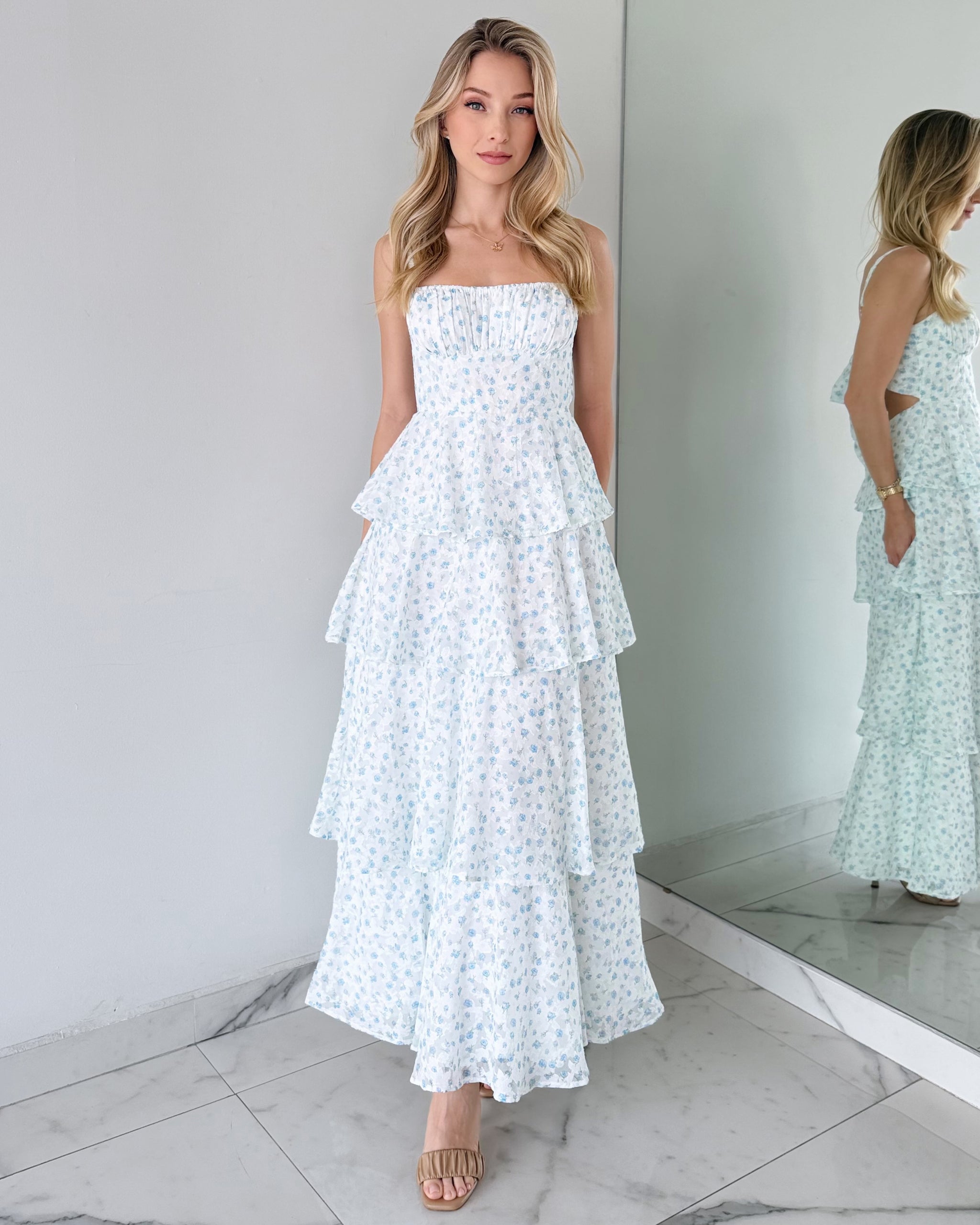 Baby Blue Floral Print Ruffle Maxi Dress