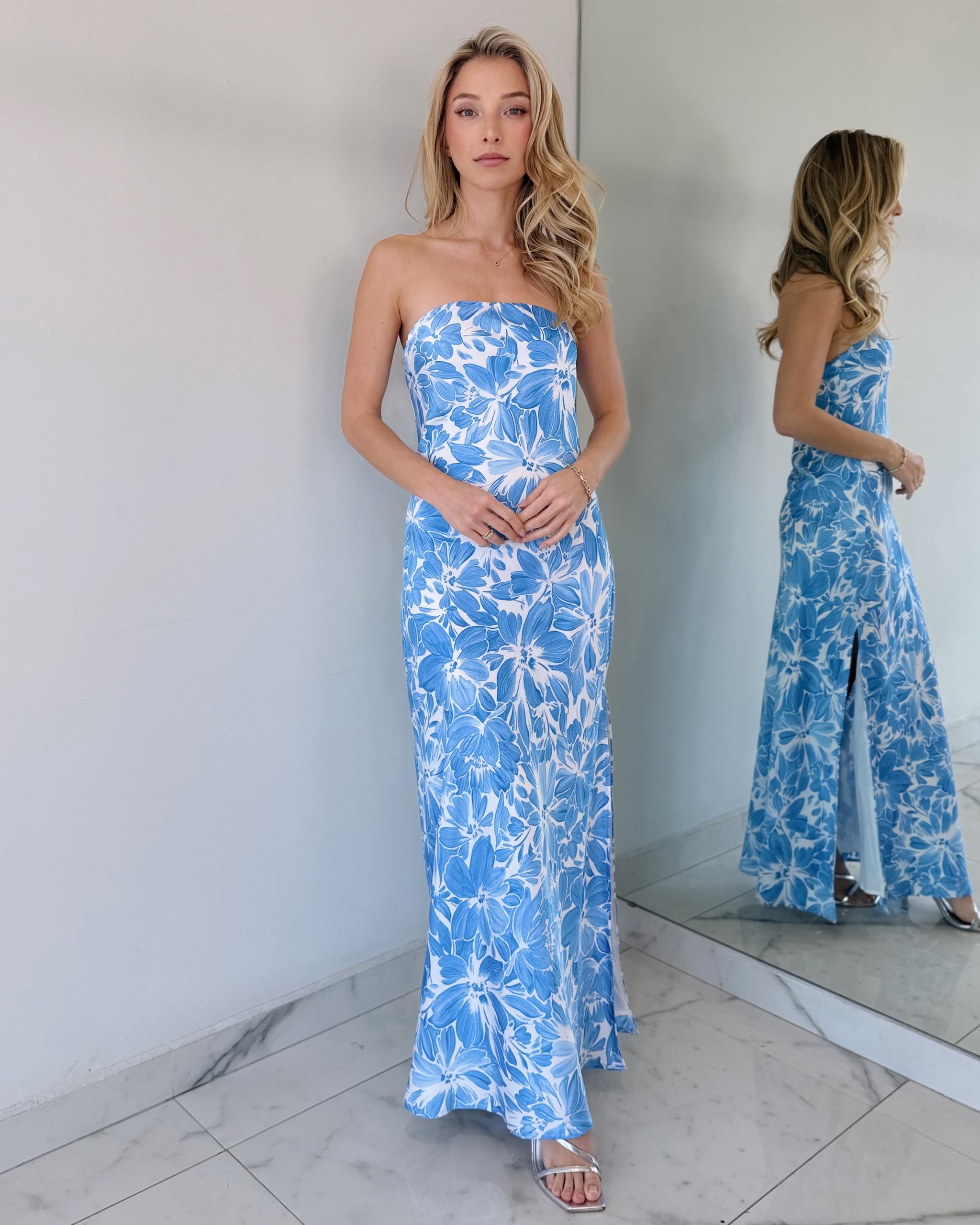 Baby Blue Floral Strapless Midi Dress
