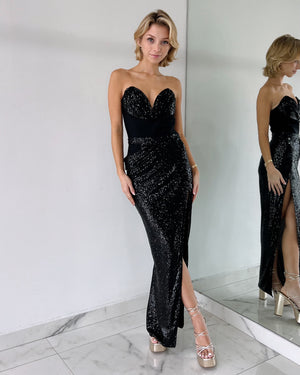 Black Strapless Two Piece Gown Dress