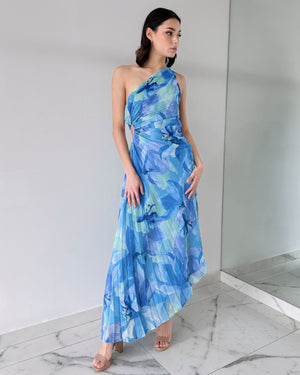 Blue Floral Asymmetrical Midi Dress
