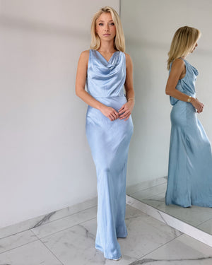 Baby Blue SIlk Open Back Maxi Dress
