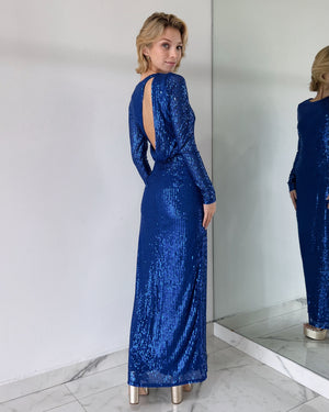 Blue Open Back Sequin Maxi Dress