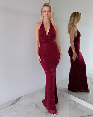 Wine Pearl Halter Gown Dress