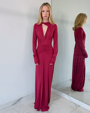 Wine V Neck Long Sleeve Gown Dress