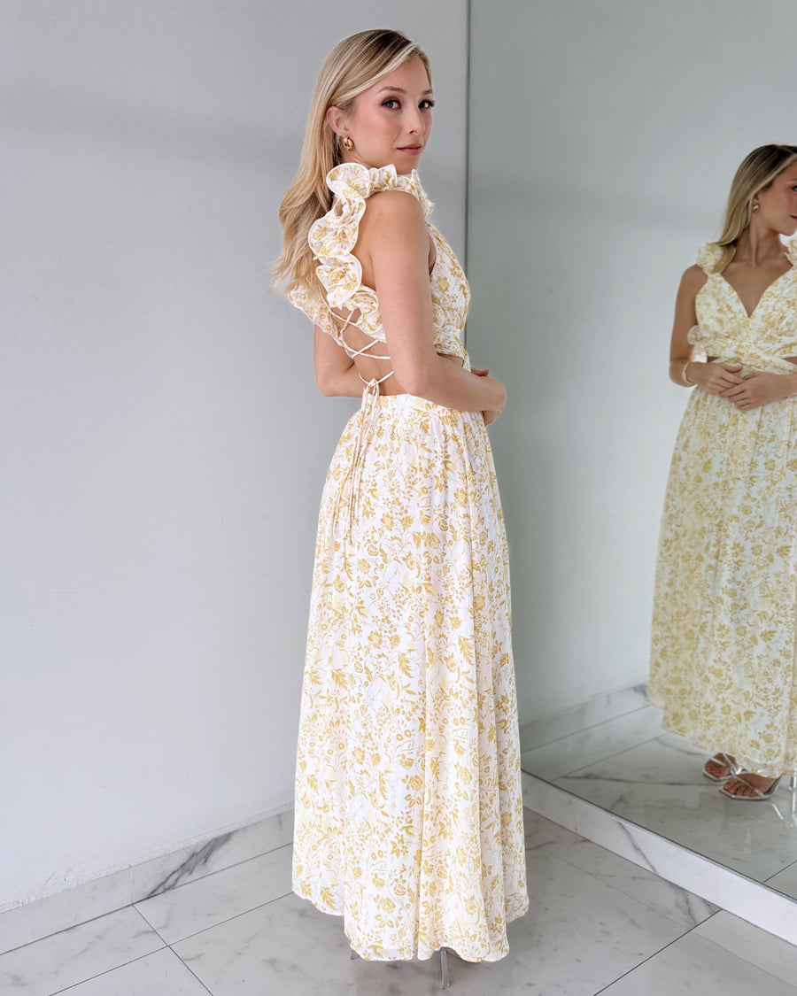 Yellow Print Ruffle Maxi Dress