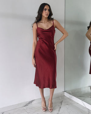 Wine Open Back Silk Midi Dress