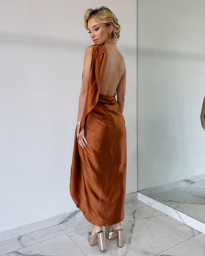 Rust Silk One Shoulder Midi Dress